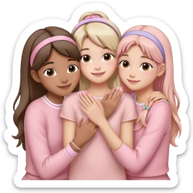Four girls hugging each other, all wearing soft pink clothes, two with long hair and two with shoulder-length short hair, smiling, with hair accessories like headbands or ribbons, pastel color palette, soft shading, make someone pose with two fingers and someone kisses his cheek sticker