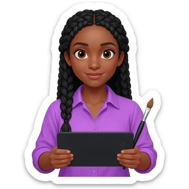 Emoji représentant une femme à la peau marron avec de longues braids noires et portant une belle chemise violette, tenant une tablette graphique dans une main et un pinceau dans l’autre sticker