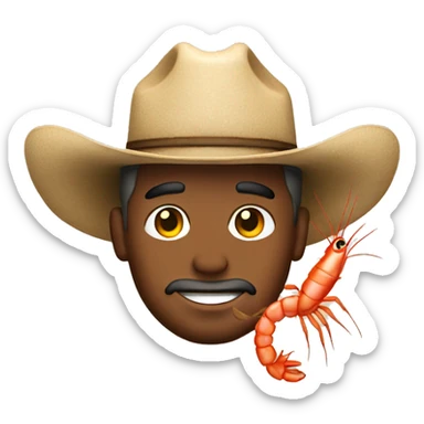 a man in a cowboy hat holding shrimp sticker