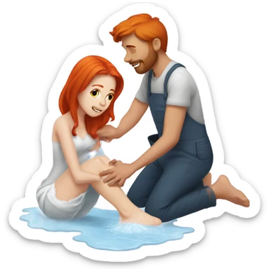 Man washing redhead woman’s feet sticker