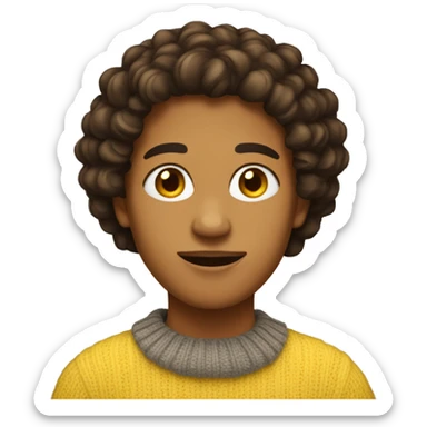 Tan skinned person with dark brown curly neck length hair wearing a yellow sweater  sticker