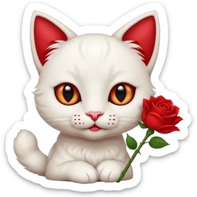 Cute emoji-style white cat holding a red rose in its mouth, big round eyes with visible white sclera, smaller pupils, soft warm brown irises, fluffy fur, clean mascot style, gentle cute expression, centered, transparent background, 1:1 ratio. sticker