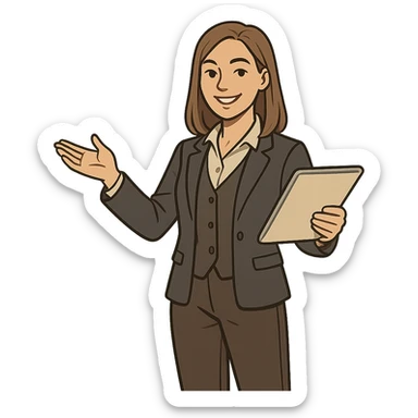 confident female character with straight light brown hair just below shoulders, smiling, wearing academic-inspired outfit with smart blazer or vest, light blouse, comfortable pants, standing like quest guide or mentor, holding a scroll or digital tablet sticker
