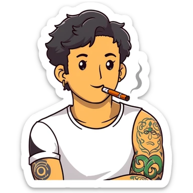 Italian man with tanned skin, curly black hair in short bob style, stubble, olive eyes, gold earring in left ear, white t-shirt, black tattoo on forearm, smoking cigarette sticker