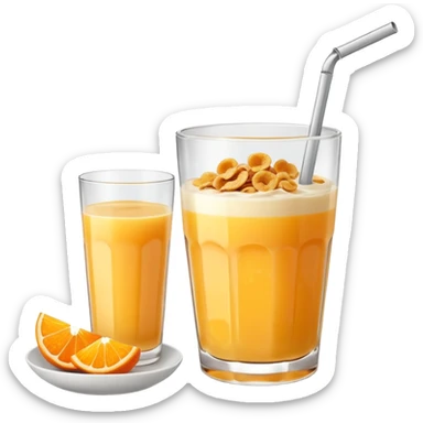 One glass of juice and a bowl with cereals sticker