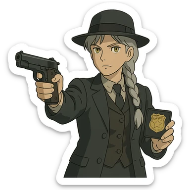 1 female, 1920's mens suit, long white hair braid, gold yellow eyes, muted dark colors, brandishing a colt 1911 and a detective badge sticker