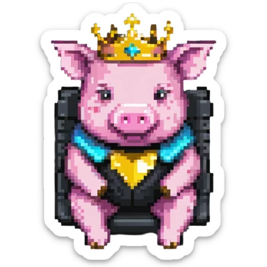 simple minimal pixel art pig with a golden crown sitting on a throne, blocky and square like Minecraft sticker