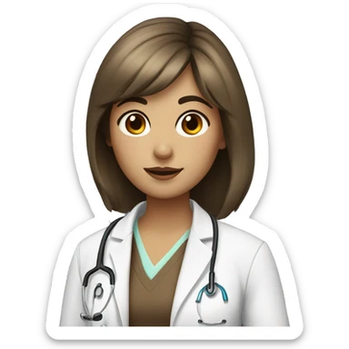 Doctor a woman with brown eyes and hair with bangs and white skin stay with a book sticker