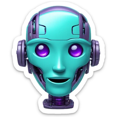 Smily face robotic scanning device, cyberpunk, cyan and purple colors, friendly, futuristic, binary code sticker