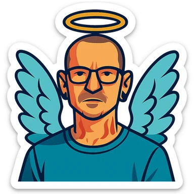 Chester Bennington from Linkin Park with a holy halo and angelic wings sticker