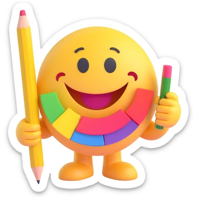 3D smiley emoji, round shape, interior designer with color swatch and pencil, text 'Belsőépítész' sticker