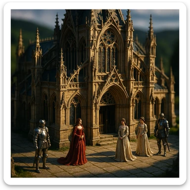 highly detailed 3D tilt-shift model of a medieval Gothic palace with knights and beautiful ladies, dramatic cinematic lighting, epic mood, blurred natural landscape background sticker