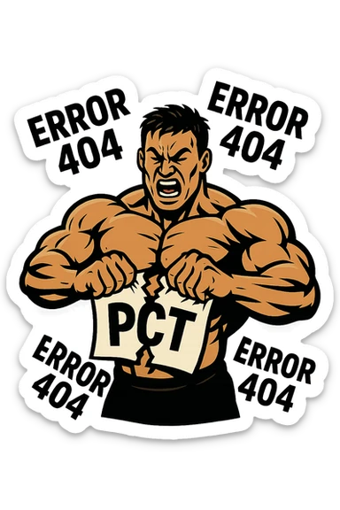 bodybuilder che strappa un foglio con la scritta "PCT" INTORNO A LUI FLUTTUANO LE PAROLE "ERROR 404" sticker