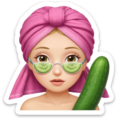 Girl with cucumbers on her eyes and a pink towel on her head sticker