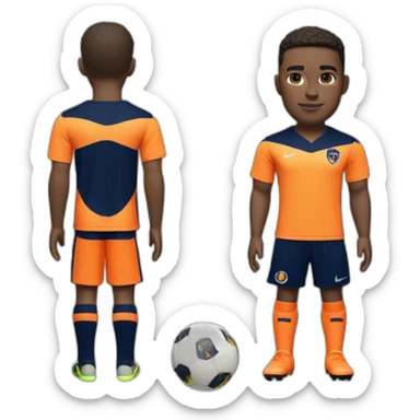 Light skinned Soccer player in tangerine top with navy sleeves, navy shorts with tangerine flash, navy socks with tangerine flash  and orange kit sticker