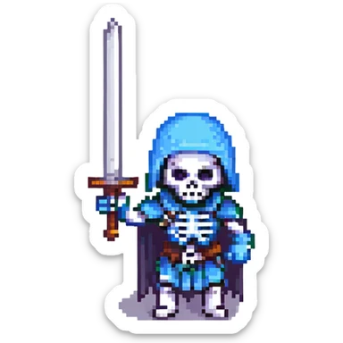 skeleton warrior wielding a sword, pixel art style sticker