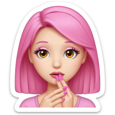 Shy emoji with long lashes, pouty lips, and pink nails on a black background, cute aesthetic sticker