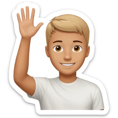 joven bronceado corte de pelo muy cortito polera blanca sonrisa bonita saludando mano arriba sticker