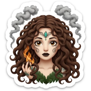 woman with long curly brown hair, brown eyes, white skin, tattoos, forest spirits shaped like smoke animals circling her sticker
