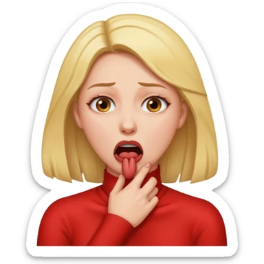 Woman choking herself with a dramatic face sticker