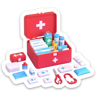 emergency first aid kit box open with medical supplies sticker