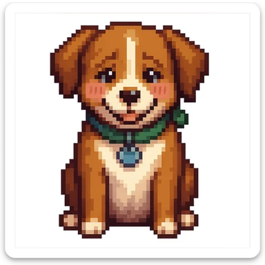 A shy smiling dog with blushing pink cheeks, pixel art style, transparent background. sticker