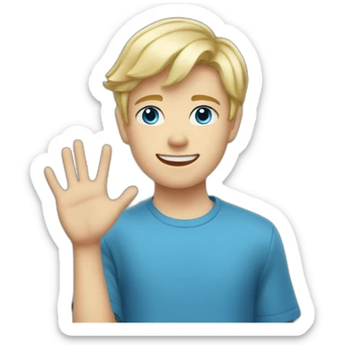 Blonde teen boy with medium short hair, blue eyes, waving hi to the camera sticker