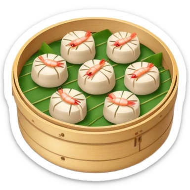 Cantonese dim sum bamboo steamer with shrimp dumplings, simplified emoji style with bold outlines and bright colors, cartoon style Chinese dim sum sticker