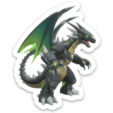 Shiny Black Grey White and Dark-Green Axew-Tyranitar-Larvitar-Flygon-Scyther-Pokémon-Fakémon-Digimon-fusion-creature, full body sticker