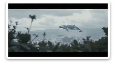 A cinemaatic still of a city, blurred plants in the foreground, huge whales fly above city sky, rolling hills in the background, cinematic depth of field, layered composition, natural lighting sticker