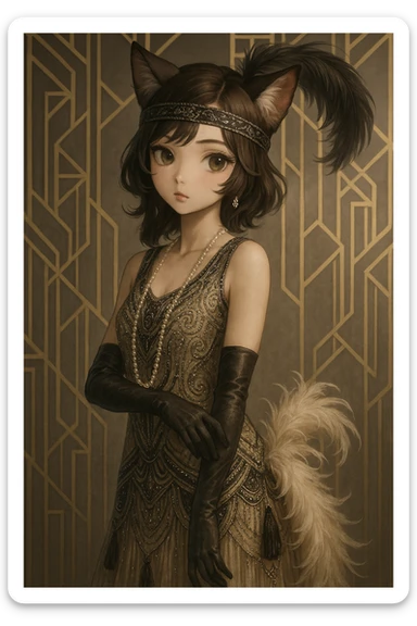 realistic anime catgirl in vintage 1920s fashion, art deco background, elegant pose sticker
