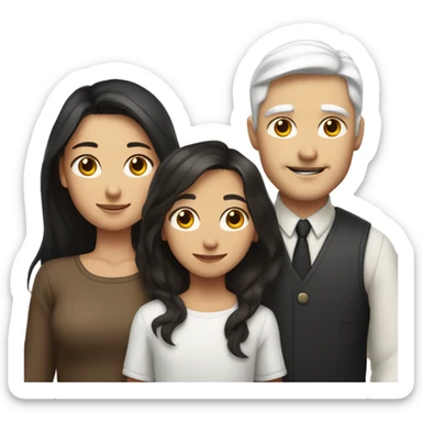  a woman with long brown hair, a man with white hair and a round face, and a young girl with long black hair standing between them, representing a family unit sticker