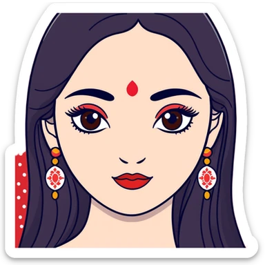 White girl with long oval shaped face, large almond shaped eyes with long eyelashes, long straight black hair falling in front of her bare shoulders, face closeup, with intricate patterned red and white gopi dots in a decorative design above eyebrows sticker