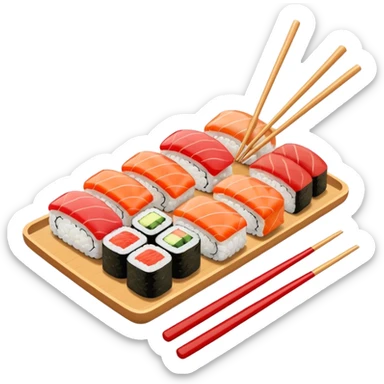 Japanese cuisine humanless avatar in minimalist emoji-style illustration. Sushi and chopsticks, clean lines, red white colors, flat design, calm and modern. sticker