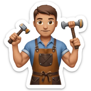 Emoji portrait of a Celtic blacksmith. Work clothes, muscular arms, holding a hammer and wearing a leather apron. sticker