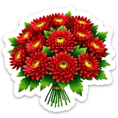 big bouquet Bright Red Chrysanthemum, luxuriant, leaf, bud sticker