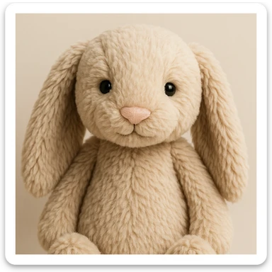 jellycat bashful bunny plush toy in beige, close-up of face, soft texture, neutral background sticker