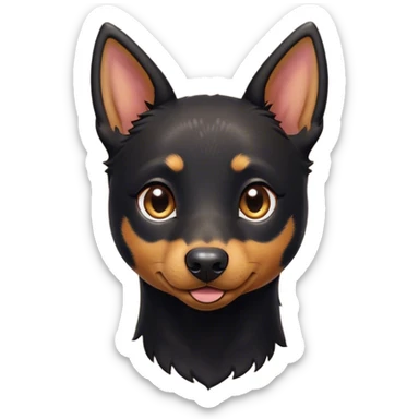 Cinematic Cute Black and Tan Kelpie Portrait Emoji, Head tilted playfully and inquisitively, featuring a sleek black Fur with vibrant tan markings, round, sparkling dark eyes filled with curiosity, Simplified yet irresistibly adorable features, highly detailed, glowing with a warm, friendly glow, high shine, affectionate and spirited, stylized with a touch of whimsy, bright and endearing, soft glowing outline, capturing the essence of a mischievous yet loving herder, so playful it feels like it could leap out of the screen and into your arms! sticker