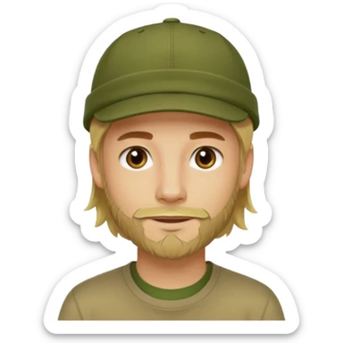 Apple emoji style young man with light skin, long blond hair, short stubble beard, dark eyes, olive green cap, friendly expression, clean shapes and soft gradients. sticker