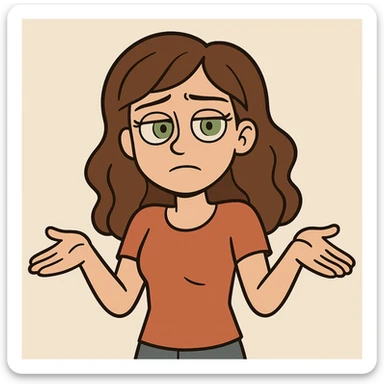 cartoon girl with long brown wavy hair, green eyes, shrugging, neutral expression, upper body, simple background sticker