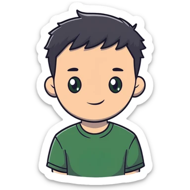 white man with dark messy short hair, dark green eyes, wearing a gray t-shirt sticker