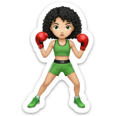 a girl with black curly hair and olive skin in a green workout outfit, boxing sticker