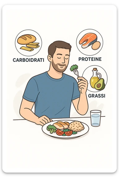 uomo che fa alimentazione attraverso i giusti macronutrienti. Scritte in ITALIANO sticker