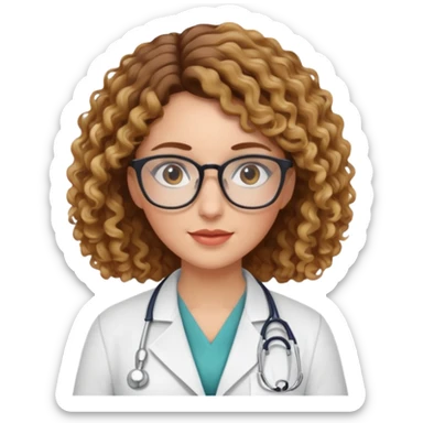 doctor woman with brown  curly hair with blonde highlights, she has glasses sticker