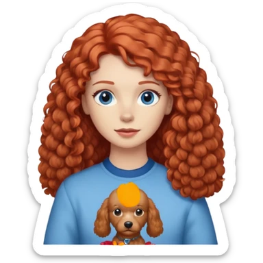 A red head with long hair blue eyes and a light brown poodle dog sticker