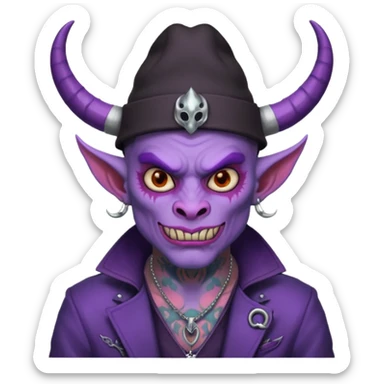 purple demon with tattoos, hat, jacket and horns sticker