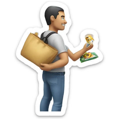 Un client dans un magasin entrain de scanner un rayon à côté d'un caddie plein  sticker