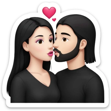 👩🏻‍❤️‍💋‍👨🏻 this one but the man should be bald. white woman with long black hair and white bald young man whoitiut hair and a heart between their heads. she has pink lips and both have brown eyes. he has e full beard but short. both wear black  sticker