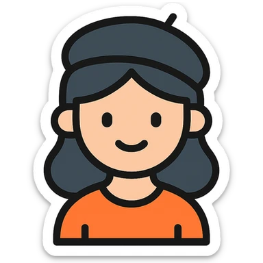 a girl with dark hair and a black beret hat, minimal flat icon style sticker
