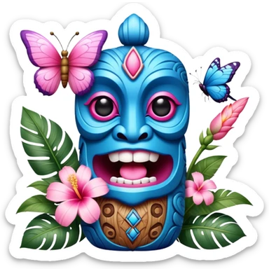 Pixar style little Blue and pink tiki singing with a butterfly and tropical flowers, ultra detailed and lifelike imagery, realistic sticker